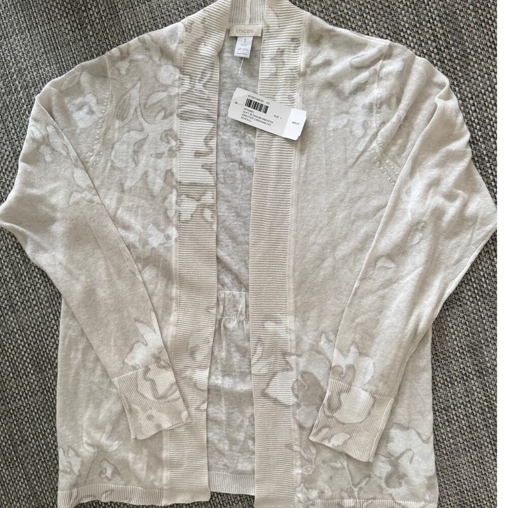 CHICO'S NWT Soft Blossom 100% Silk/Cotton Knit Open Front Cardigan Sweater 1/S